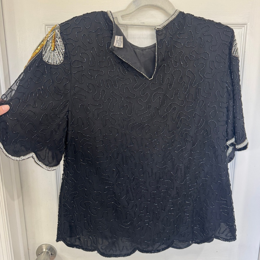 Vintage Lawrence Kazar Silk Women's XL Beaded Short Sleeve Shirt Shoulder Pads - Picture 5 of 8